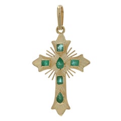 Yellow Gold Emerald Sunray Cross Pendant - 18k Pearl & Emerald .54ctw Faith