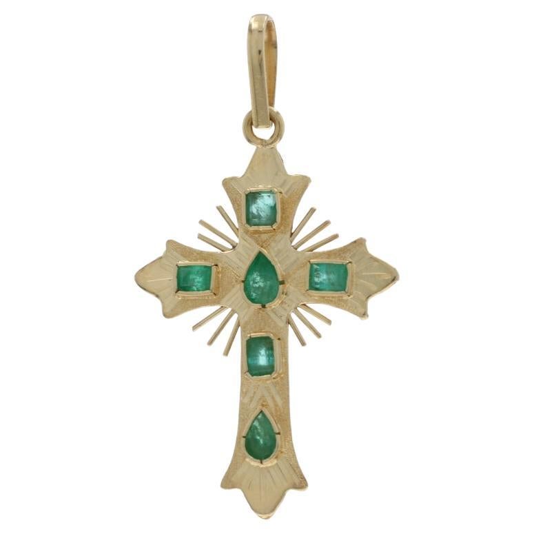 Pendentif croix soleil en or jaune - 18k perle et émeraude .54ctw Faith