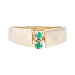 Yellow Gold Emerald Two-Stone Ring, 14k Round Cut Brushed Cathedral