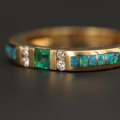Yellow Gold Opal Emerald Wedding band Half Eternity Vintage Opal Wedding Band