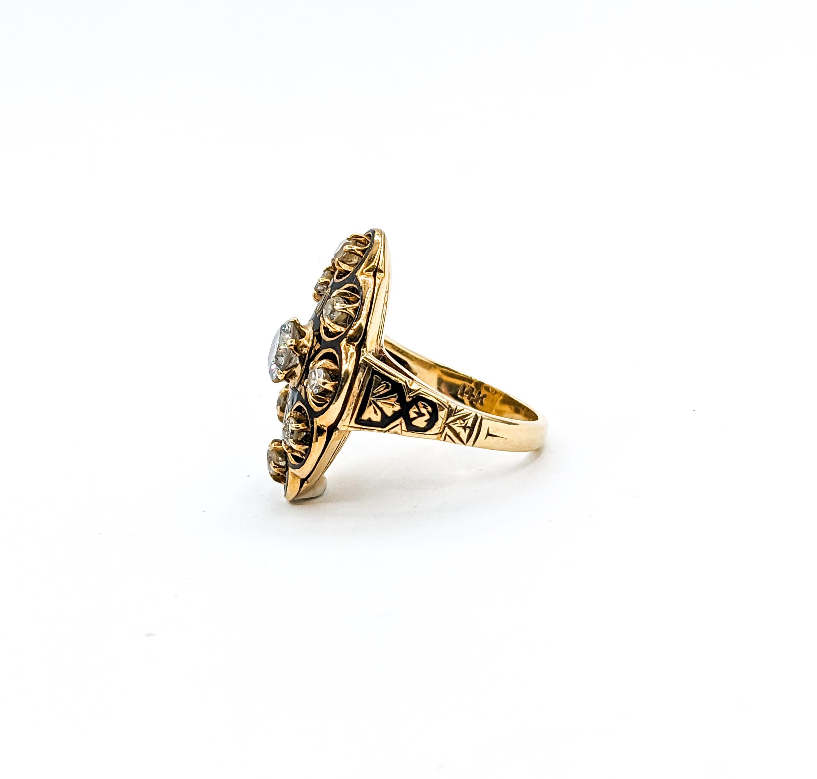 Yellow Gold & Enamel .70ctw Old European Cut Diamond Ring For Sale 3