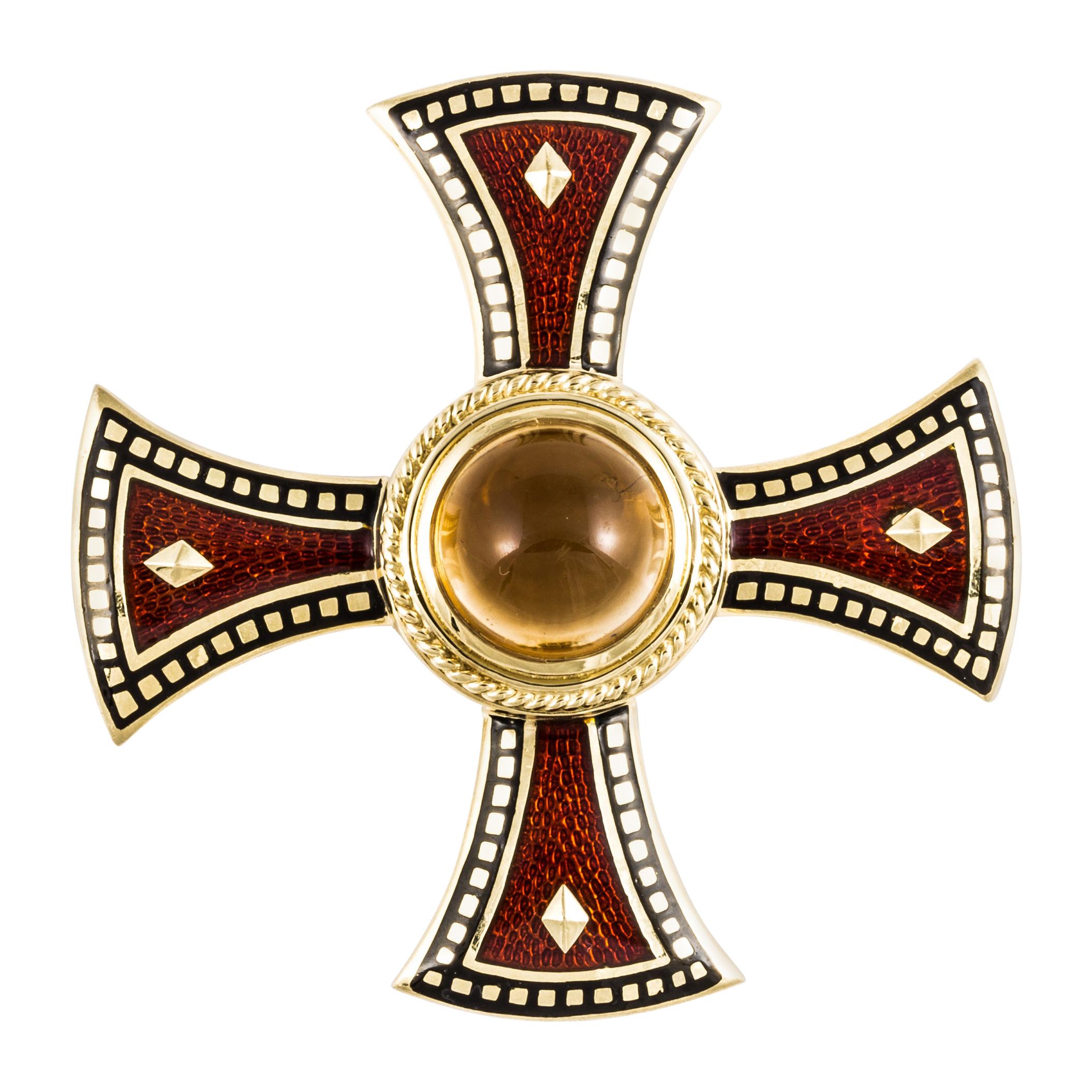Mavito Citrine and Enamel Maltese Cross Pin/Pendant in 18K Gold
