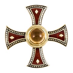 Mavito Citrine and Enamel Maltese Cross Pin/Pendant in 18K Gold