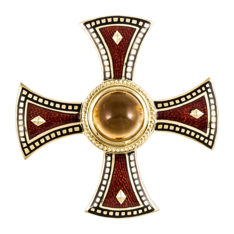 Yellow Gold Enamel Citrine Maltese Cross Pin Pendant For Sale At 1stdibs