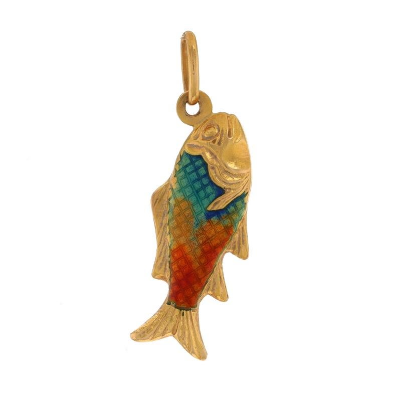 Metal Content: 18k Yellow Gold

Material Information
Enamel
Color: Blue, Greenish Blue, Orange, Reddish Orange

Theme: Colorful Fish, Aquatic Life
Features: Hollow Construction

Measurements
Tall (from stationary bail): 1 1/32