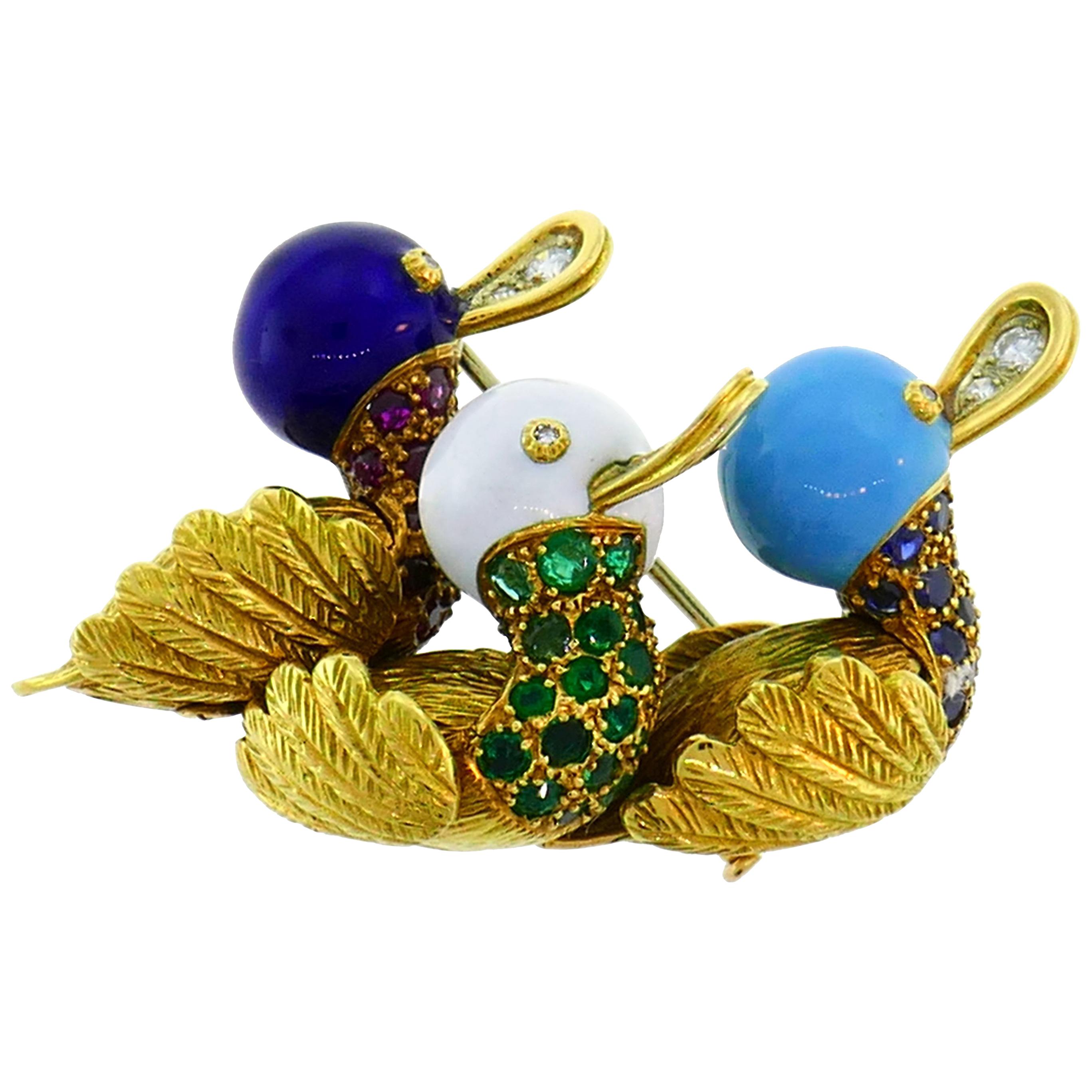 French Vintage Brooch 18k Gold Enamel Gems Duck Pin Clip Estate Jewelry