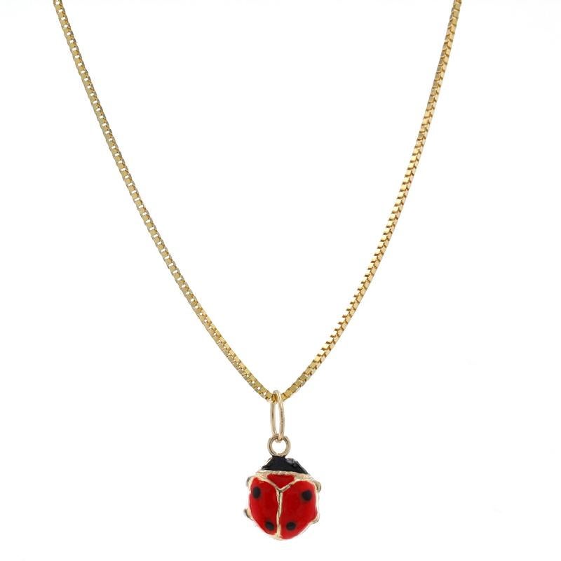 Metal Content: 10k Yellow Gold

Material Information
Enamel
Color: Red & Black

Chain Style: Box
Necklace Style: Chain
Fastening Type: Spring Ring Clasp
Theme: Ladybug, Insect, Good Luck

Measurements

Item 1: Pendant
Tall (from stationary bail):