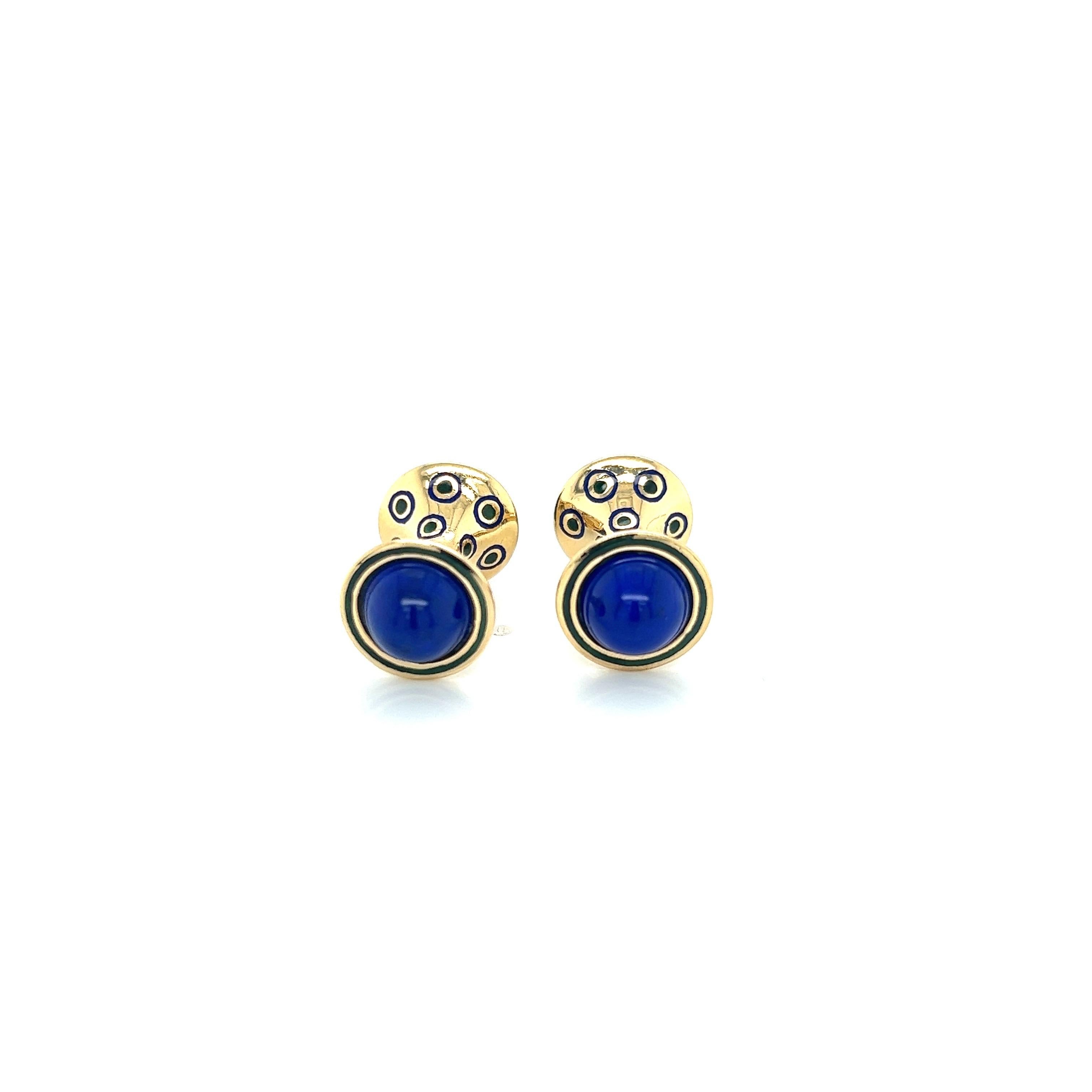 18k yellow gold cabochon lapis lazuli and blue and green enamel cufflinks are a stylish and sophisticated accessory for any formal or semi-formal occasion. The rich and warm 18k yellow gold sets the tone for the piece. The lapis lazuli adds a deep