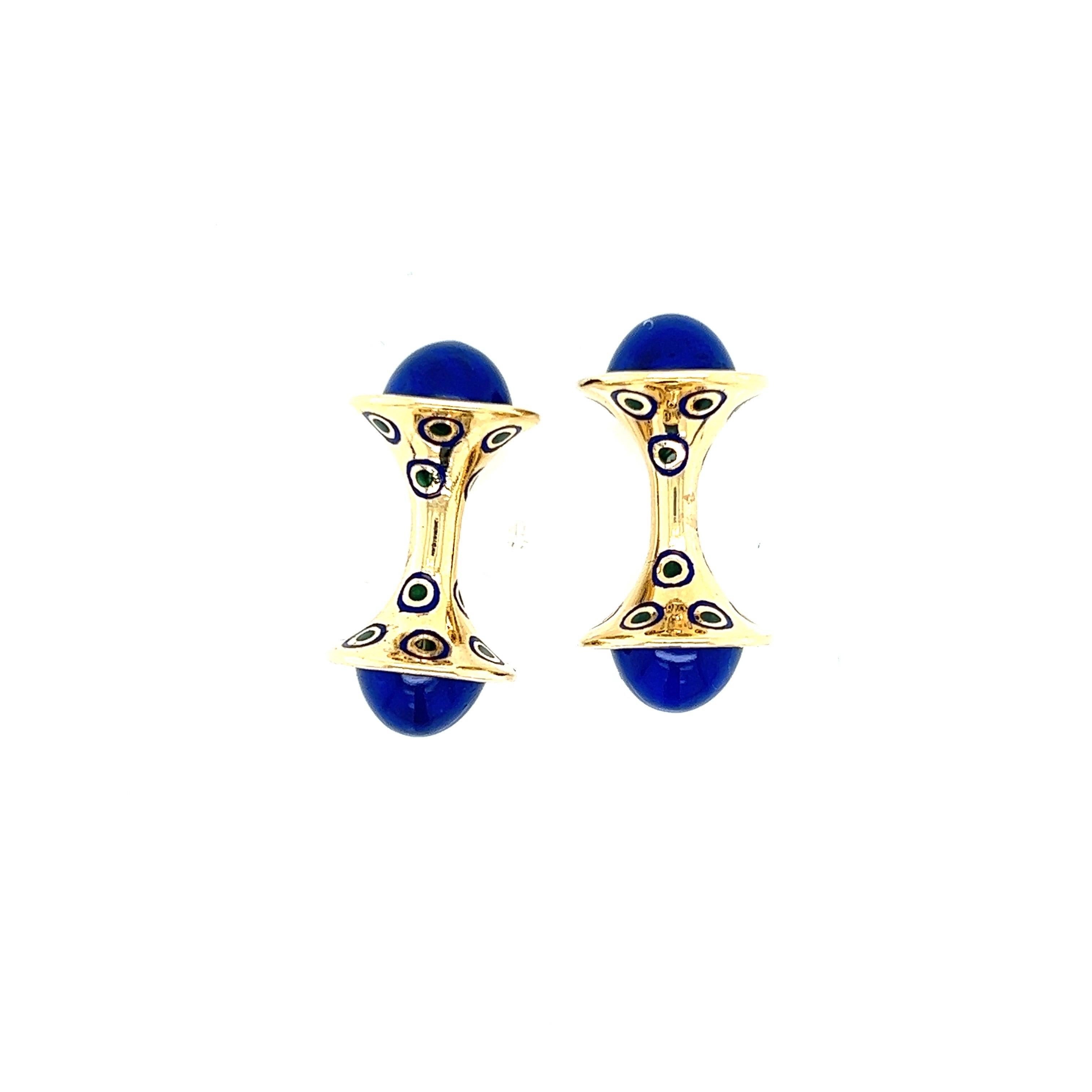 Cabochon Yellow Gold Enamel Lapis Lazuli Cufflinks For Sale