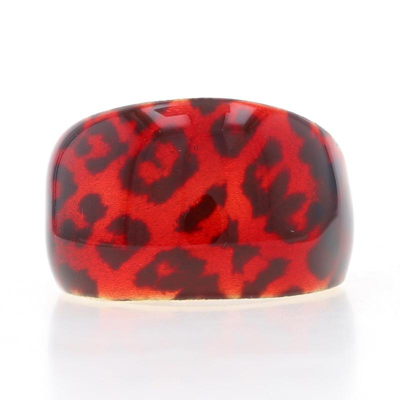 Size: 8

Metal Content: 14k Yellow Gold

Material Information

Material: Enamel
Color: Brownish Orangey Red & Black

Style: Dome Band
Theme: Leopard Print, Jungle Cat

Measurements

Face Height (north to south): 5/8