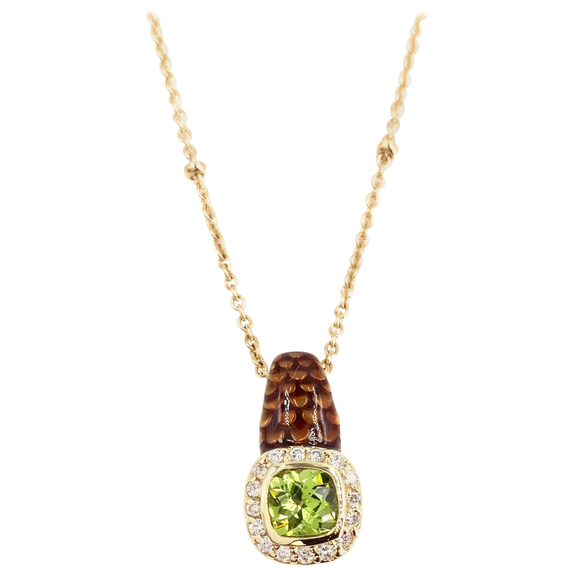 Yellow Gold Enamel, Peridot and Diamond Pendant Necklace For Sale