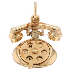 Yellow Gold Enamel Rotary Telephone Charm - 14k Finger Wheel Moves Love Messages