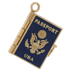 Yellow Gold Enamel US Passport Charm - 14k International Travel Opens