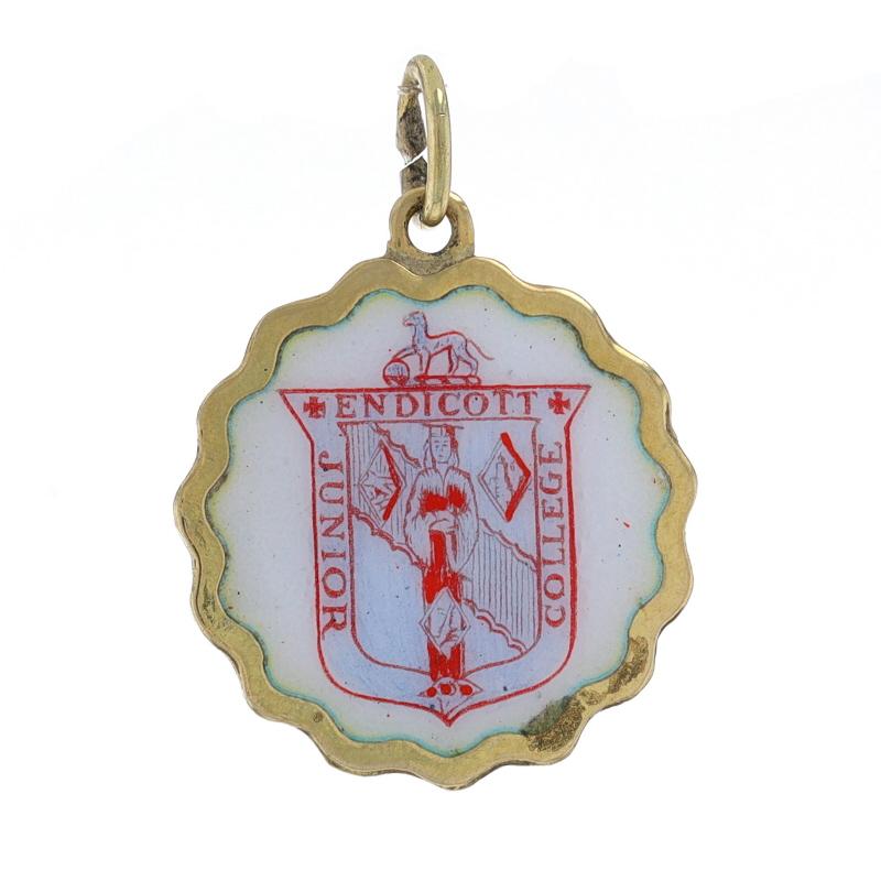 School: Endicott Junior College

Metal Content: 14k Yellow Gold

Material Information
Enamel
Color: Red, White, & Blue

Theme: Graduate Seal

Measurements
Tall (from stationary bail): 13/16