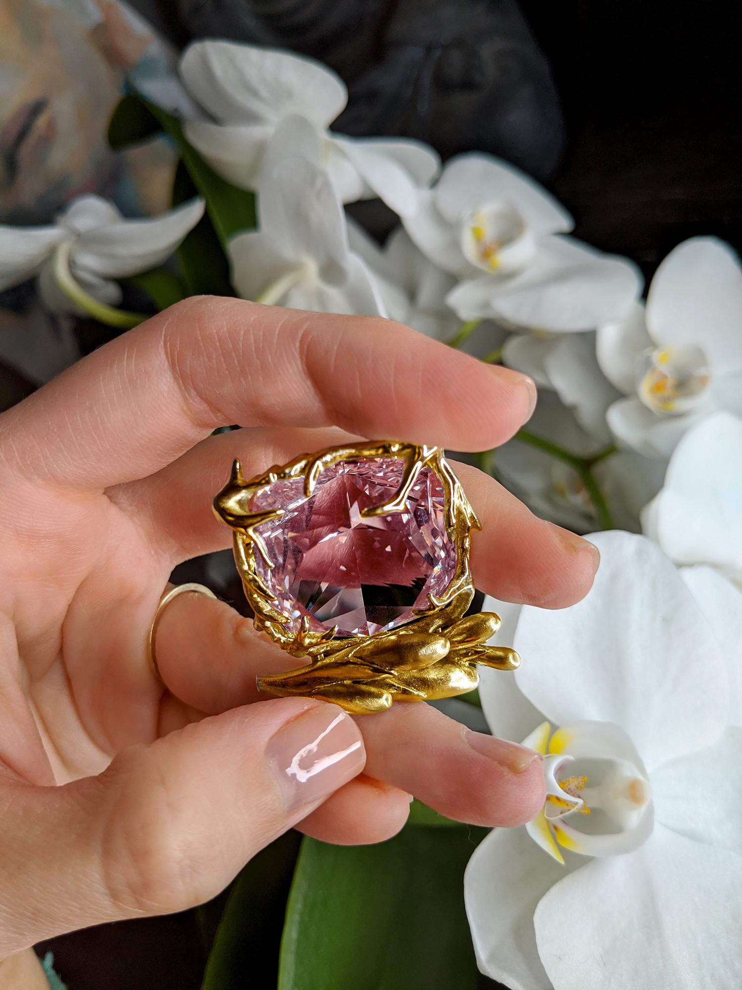 The Fairy Tale ring, featured in Vogue UA, is made of 14 karat yellow gold and features diamonds and a large pink kunzite. This jewelry is designed by the artist and oil painter, Polya Medvedeva, who has been creating outstanding jewelry designs for