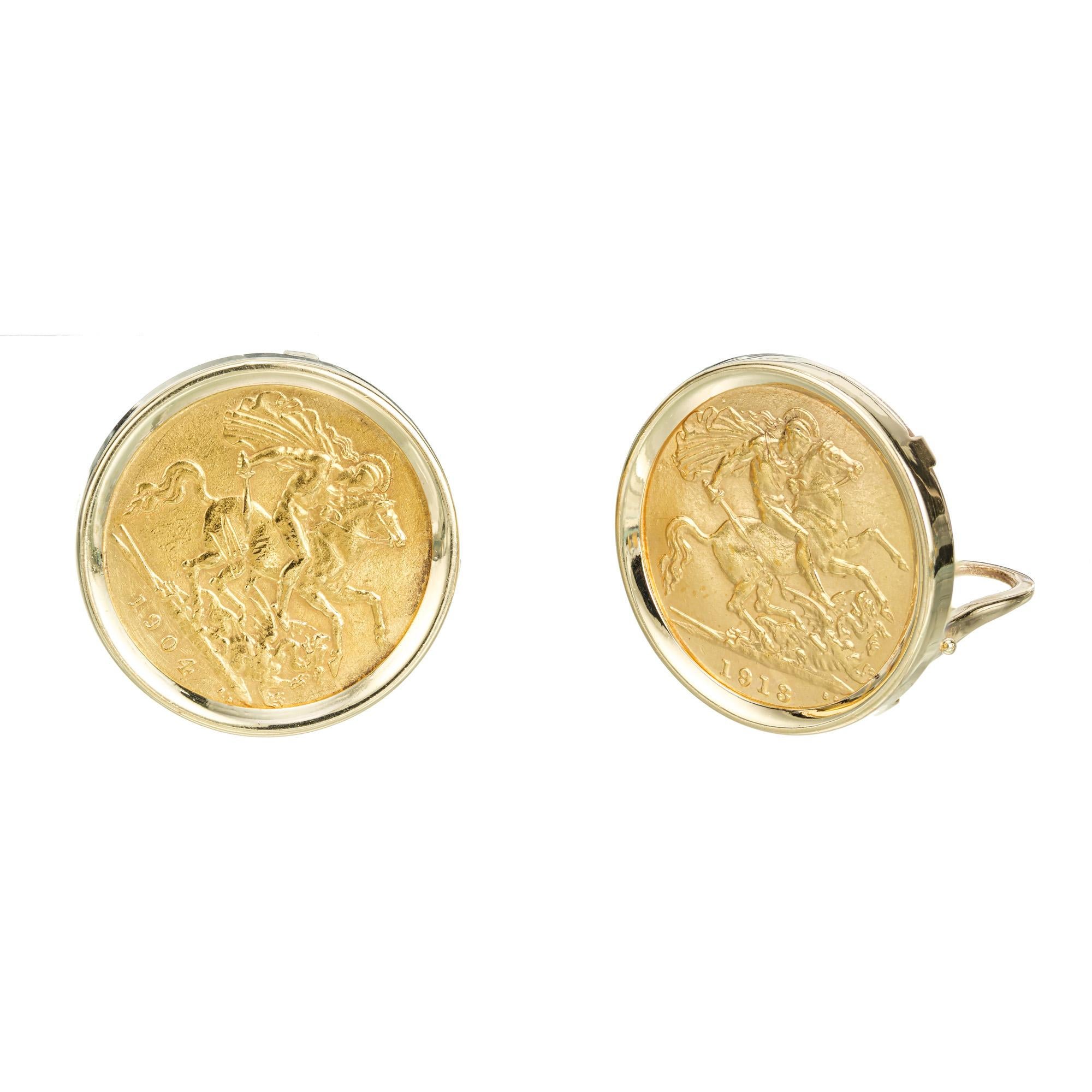 Early 1900's  English gold Sovereign Coin clip post 14k yellow gold earrings, each showing a solider on a horse. 

14k yellow gold 
Stamped: 14k 585
19.1 grams
Top to bottom: 20.75mm or .81 Inches
Width: 20.75mm or .81 Inches
Depth or thickness: