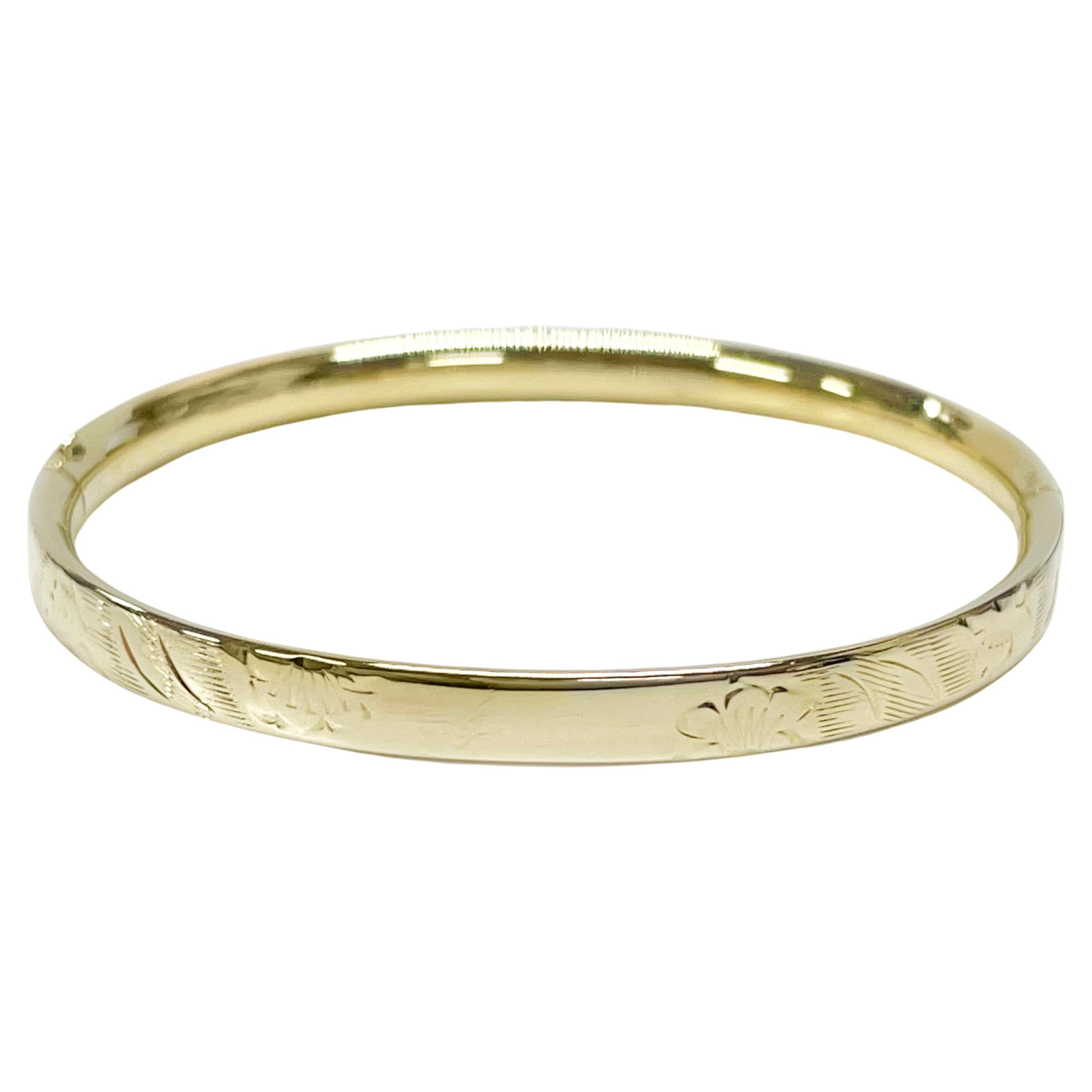Yellow Gold Engraved Baby Bangle Bracelet For Sale