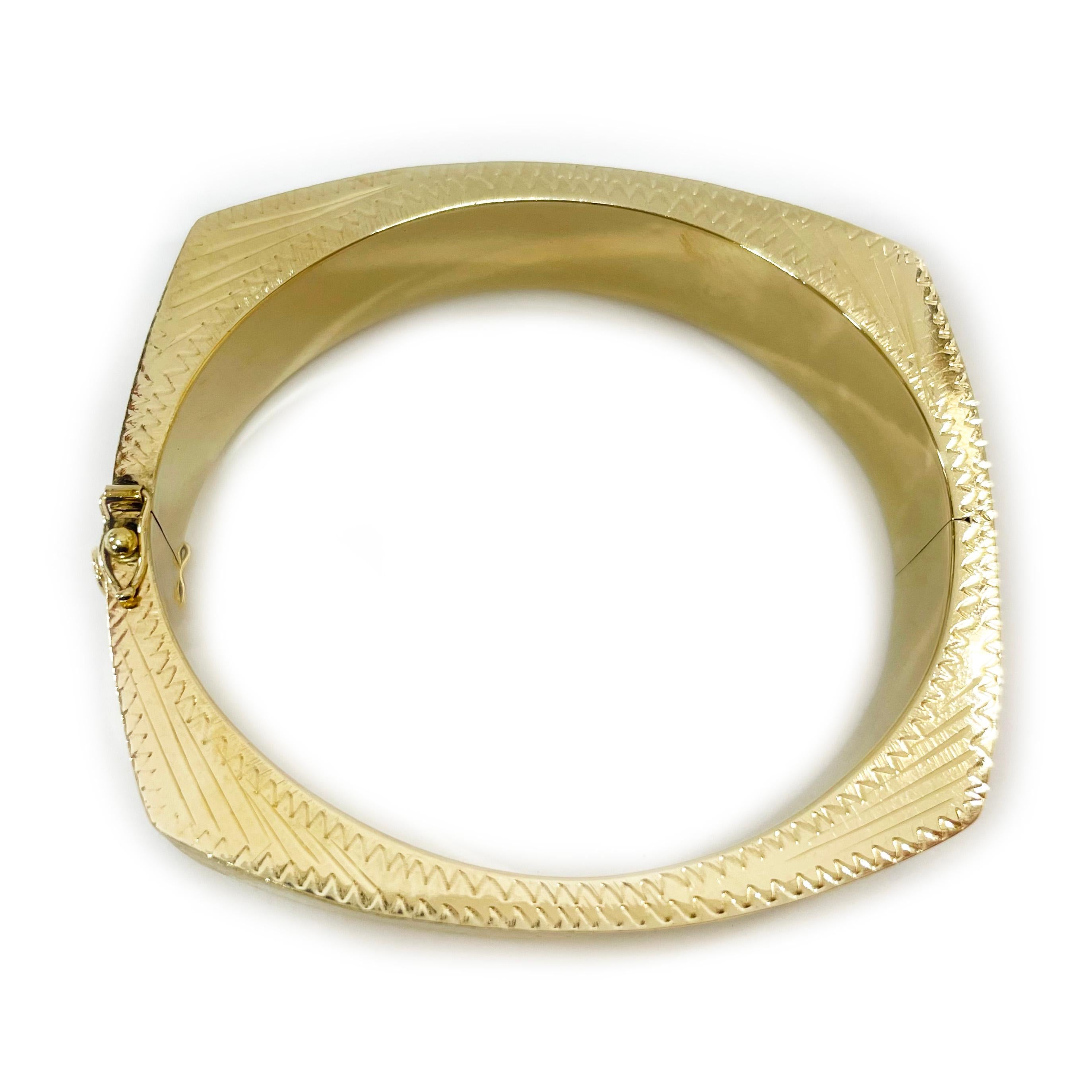 Retro Yellow Gold Engraved Diamond-Cut Bangle Bracelet For Sale