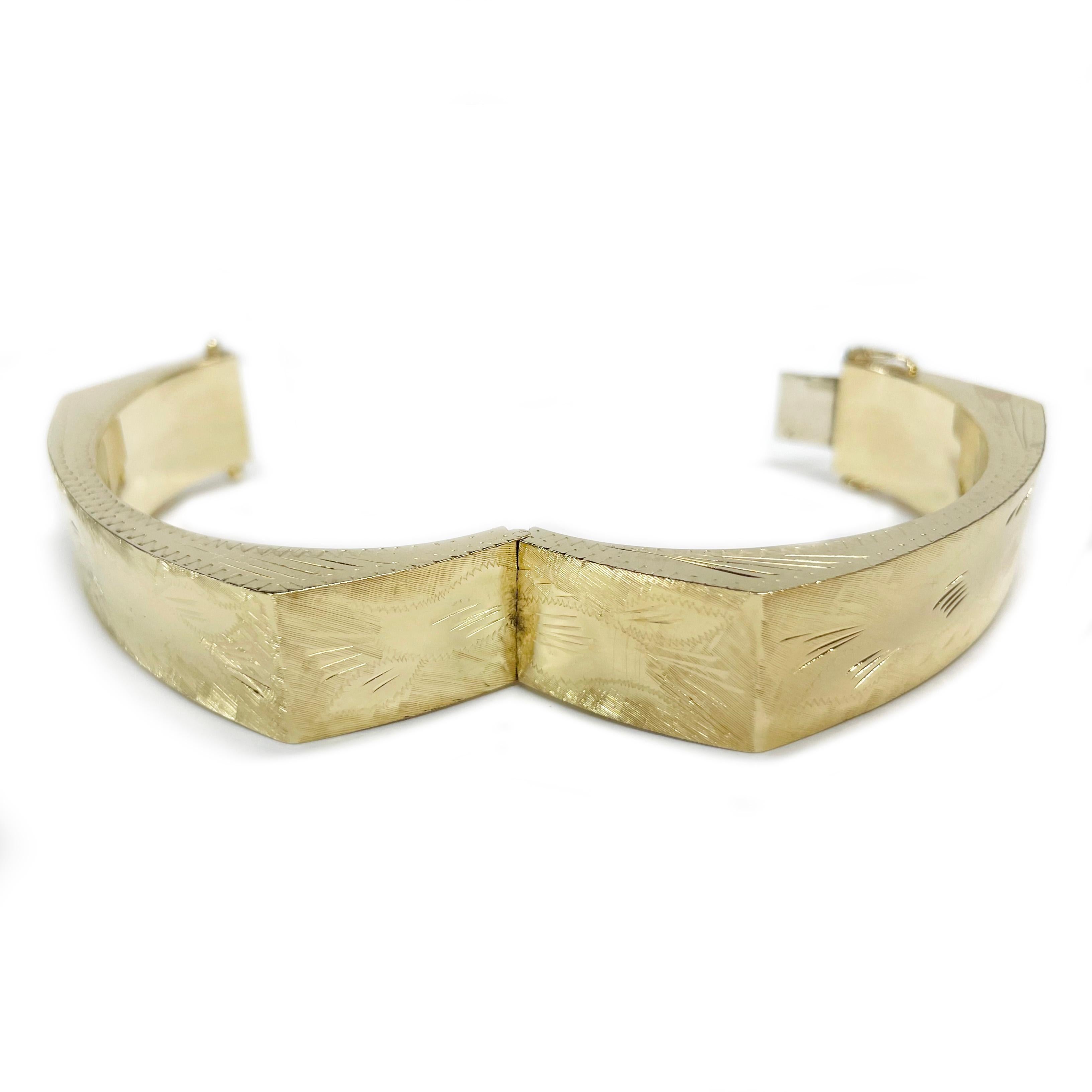 Yellow Gold Engraved Diamond-Cut Bangle Bracelet In Good Condition For Sale In Palm Desert, CA