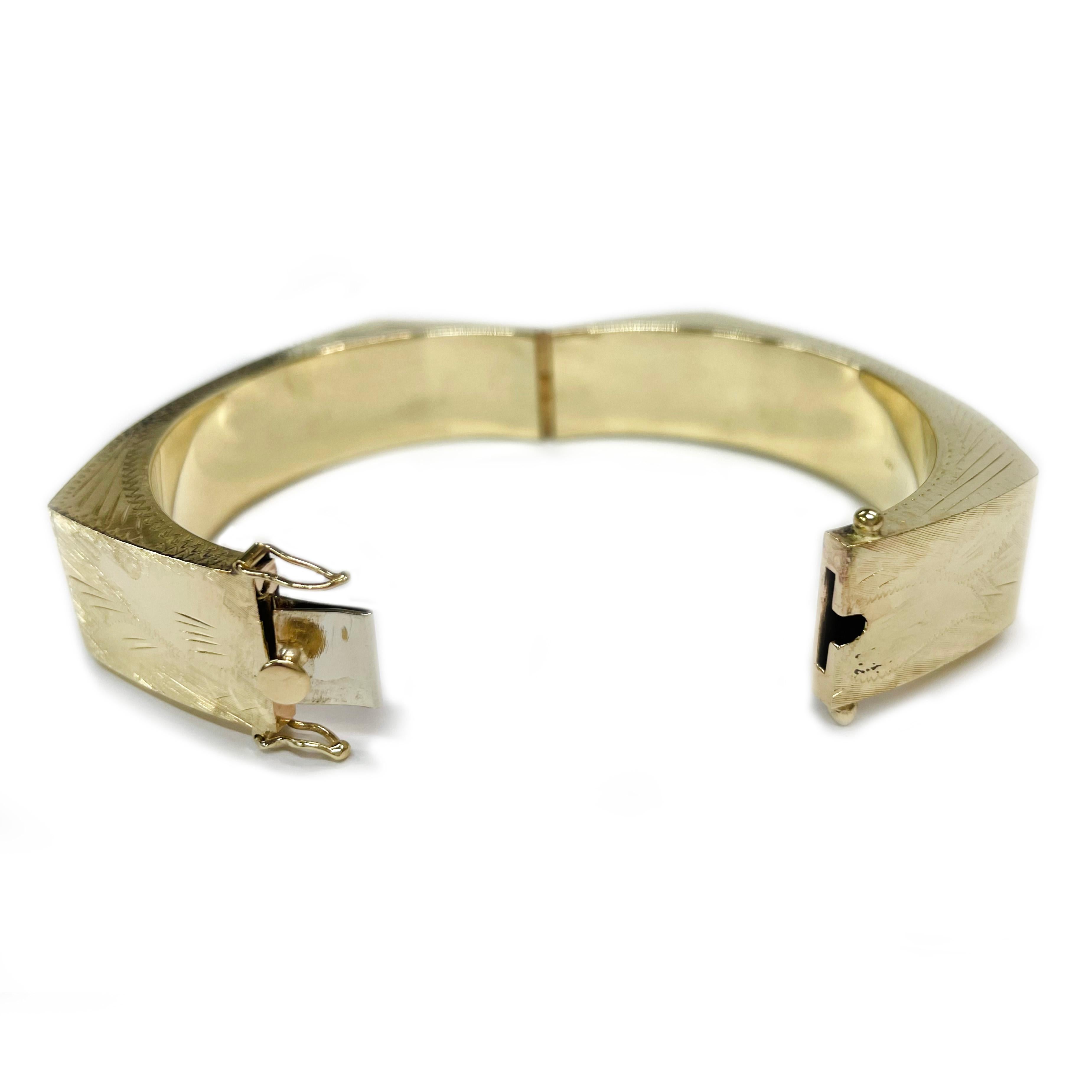 Women's or Men's Yellow Gold Engraved Diamond-Cut Bangle Bracelet For Sale
