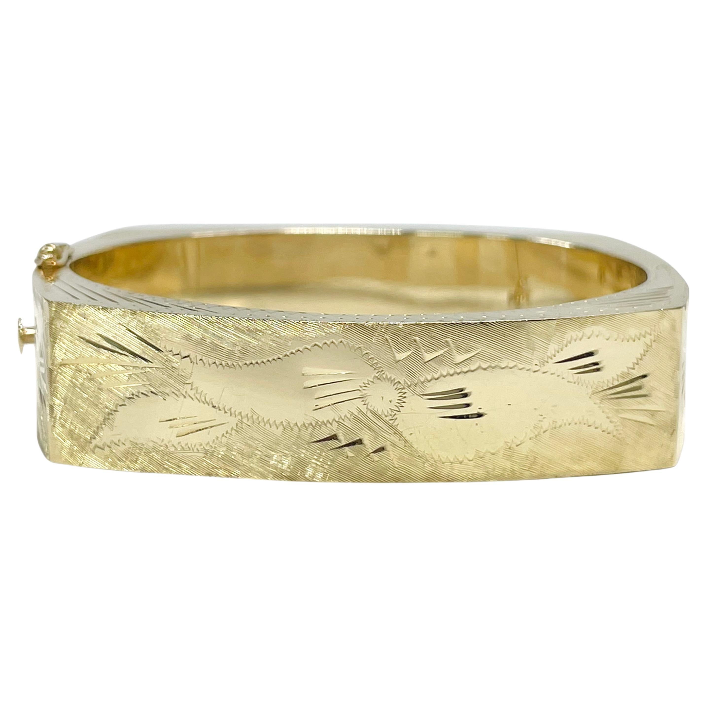 Yellow Gold Engraved Diamond-Cut Bangle Bracelet For Sale
