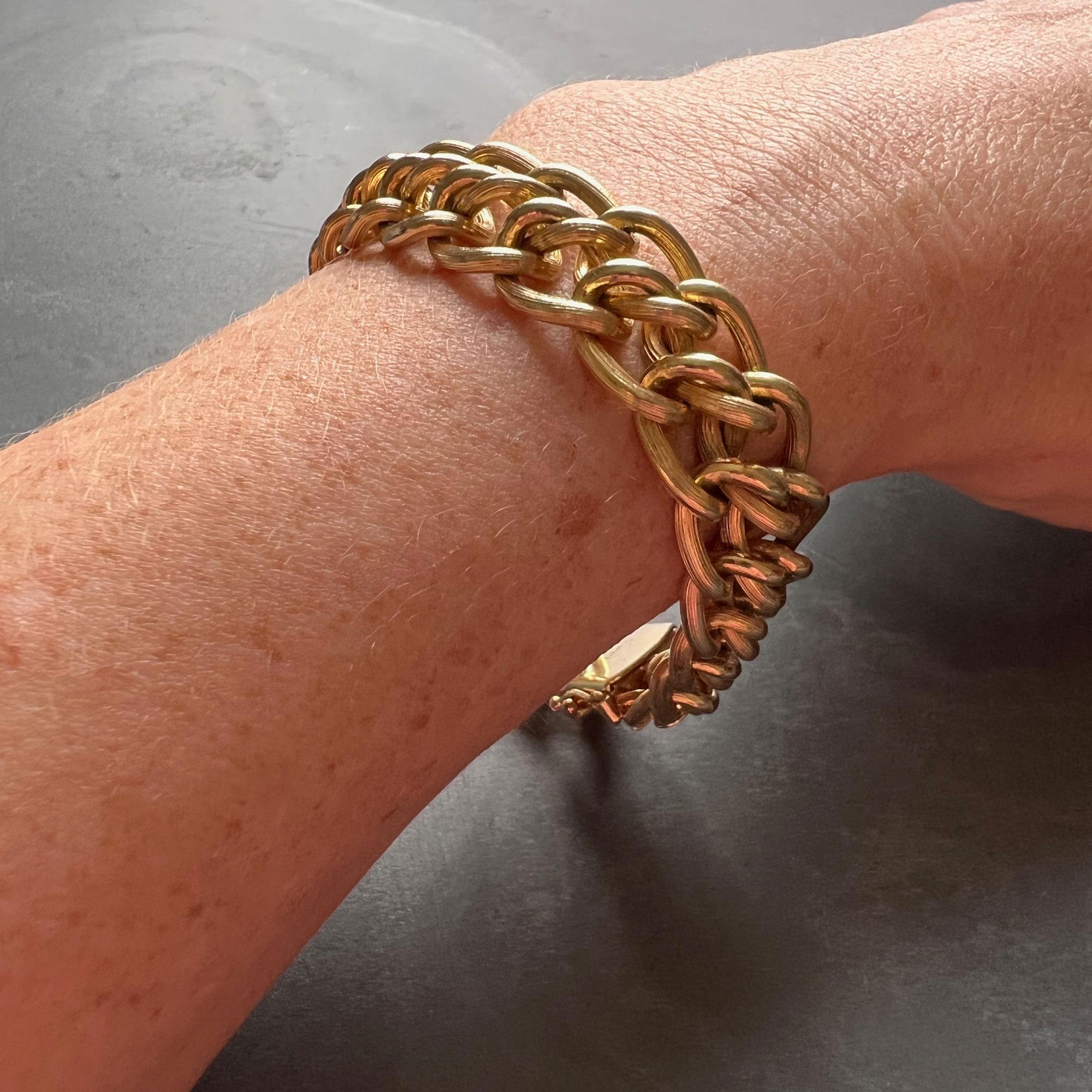 Yellow Gold Engraved Double Curb Link Bracelet For Sale 2