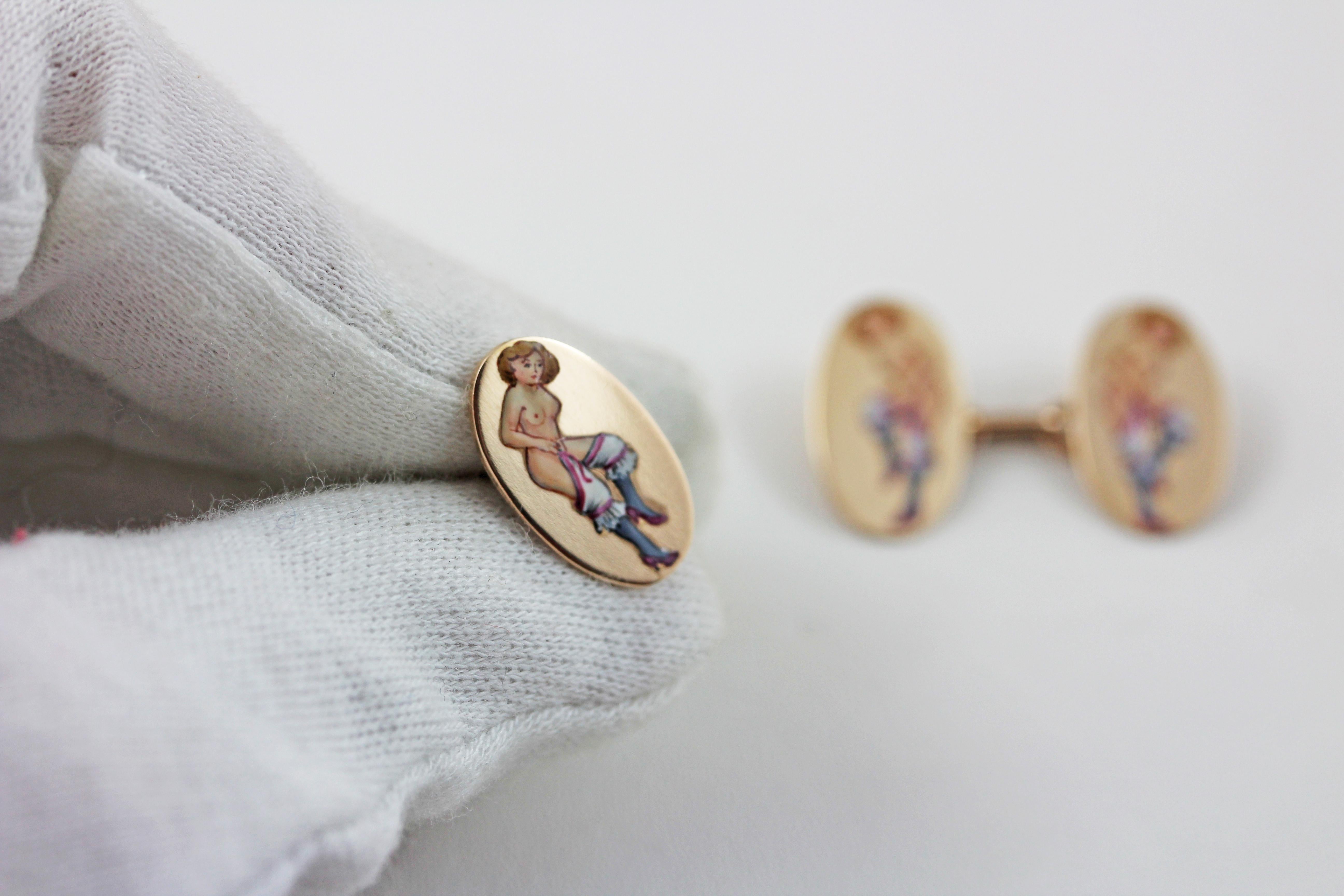 These beautiful and particular cufflinks are made in yellow gold and embellished by erotical enamel.
Circa 1920

Dimensions: 
                     0.74x0.44 inches circa
                     1.2x1.90 cm circa

The item will arrive beautifully gift