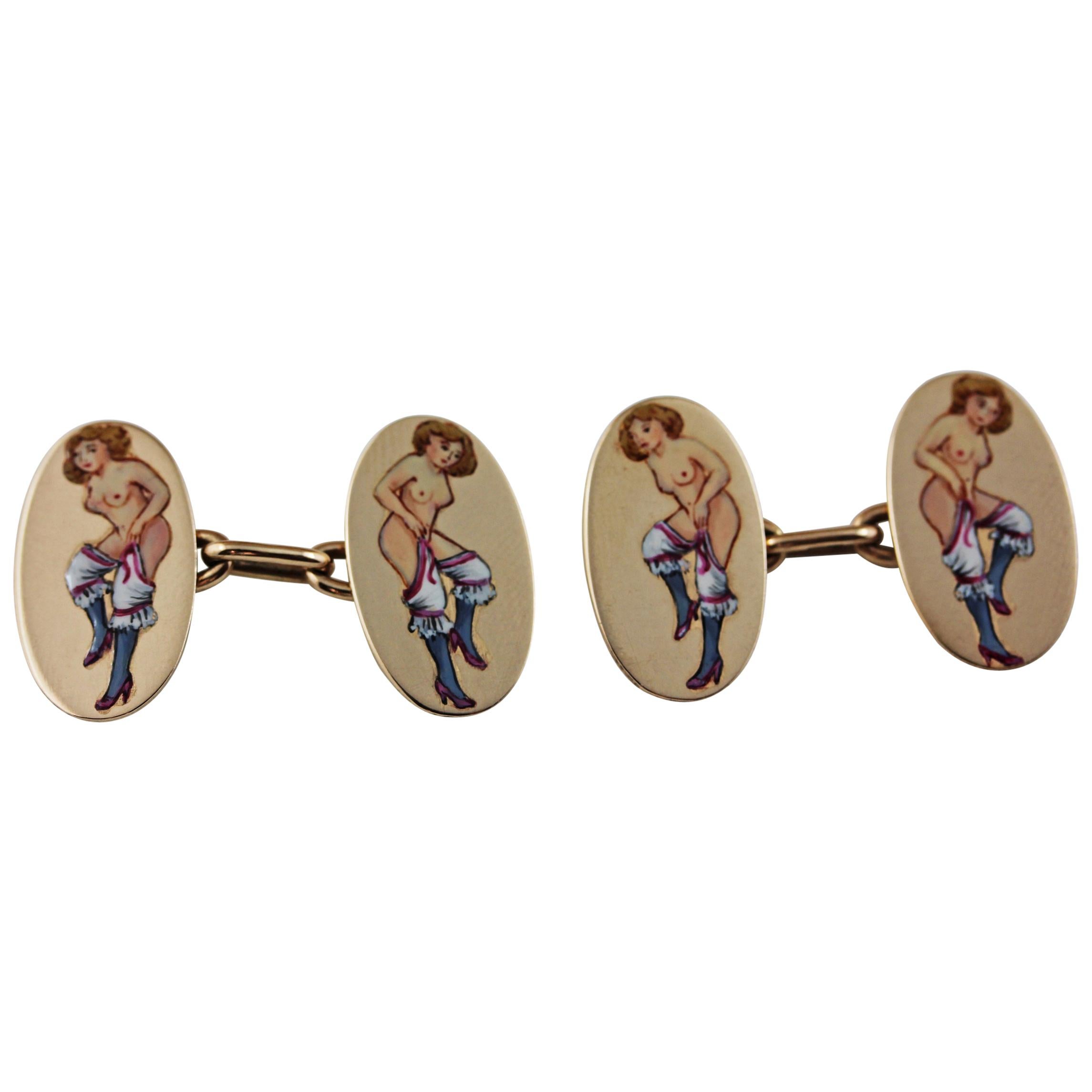 Yellow Gold Erotica Woman Enamel Early 20th Century Cufflinks