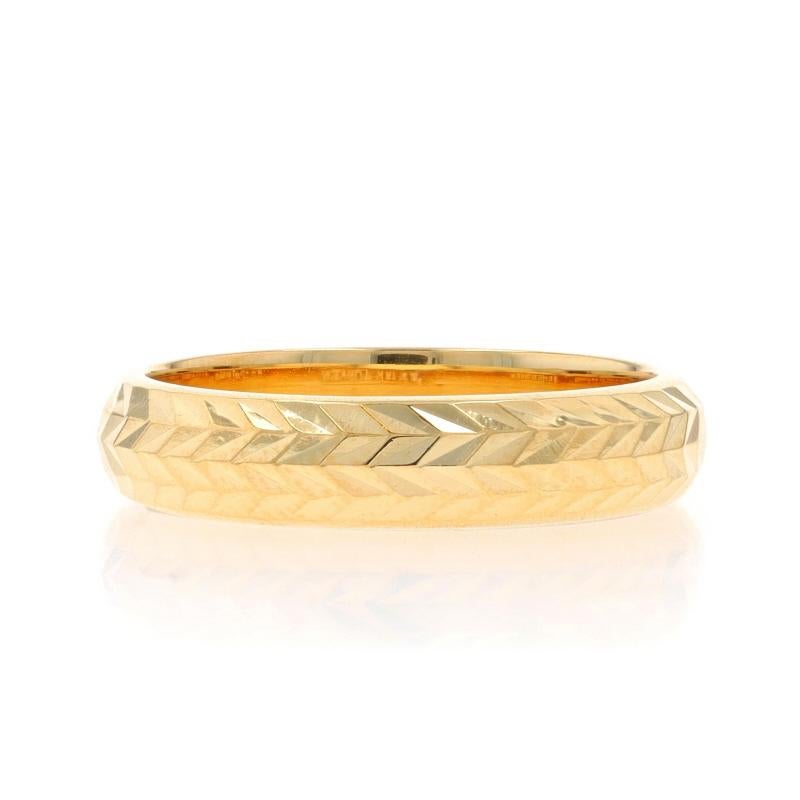 Size: 6

Metal Content: 18k Yellow Gold

Style: Statement Band
Features: Hollow Construction with Etched Detailing

Measurements
Face Height (north to south): 3/16