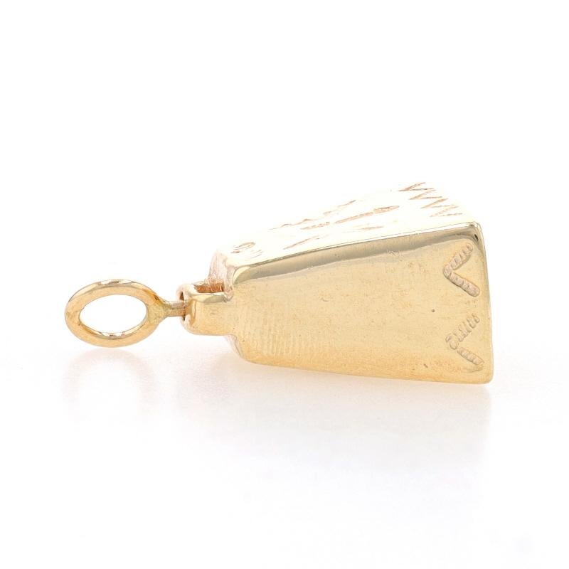Metal Content: 14k Yellow Gold

Theme: Etched Cow Bell
Features: The clapper inside the bell produces a ringing sound when the charm moves.

Measurements

Tall (from extended bail): 27/32
