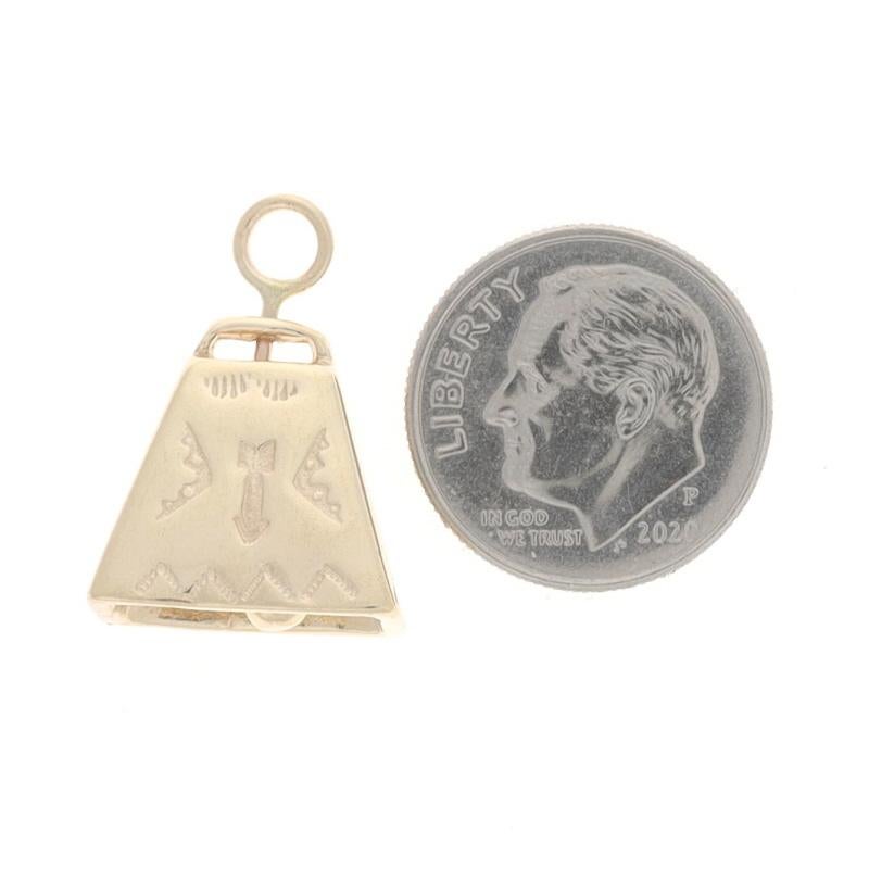 Yellow Gold Etched Cow Bell Pendant - 14k Charm Moves In Excellent Condition In Greensboro, NC