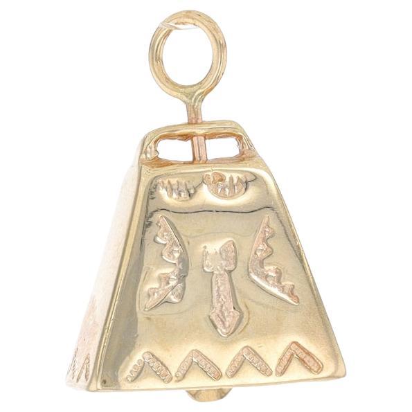 Yellow Gold Etched Cow Bell Pendant - 14k Charm Moves For Sale