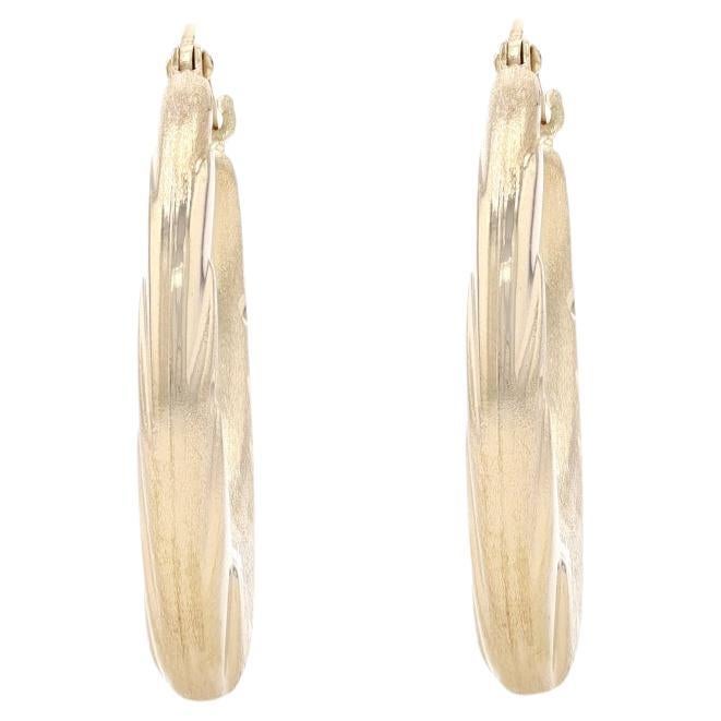 Yellow Gold Etched Leaf Crescent Hoop Earrings - 14k Tapered Pierced For Sale