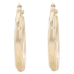 Yellow Gold Etched Leaf Crescent Hoop Earrings - 14k Tapered Pierced