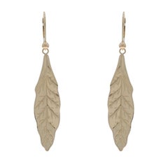 Yellow Gold Etched Leaf Dangle Earrings - 14k Pierced