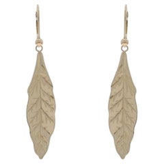 Yellow Gold Etched Leaf Dangle Earrings - 14k Pierced
