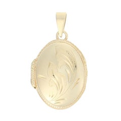 Yellow Gold Etched Leaf Locket Pendant, 14k Two Photos