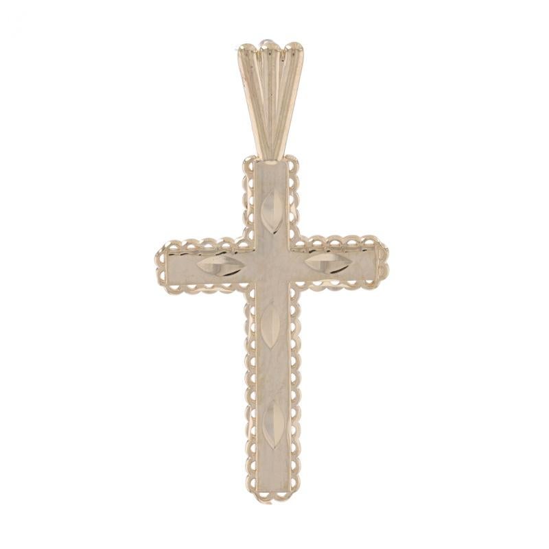 Brand: Michael Anthony

Metal Content: 14k Yellow Gold

Theme: Cross, Faith 
Features:  Etched detailing with open cut scallop border

Measurements

Tall (from stationary bail): 1 3/32