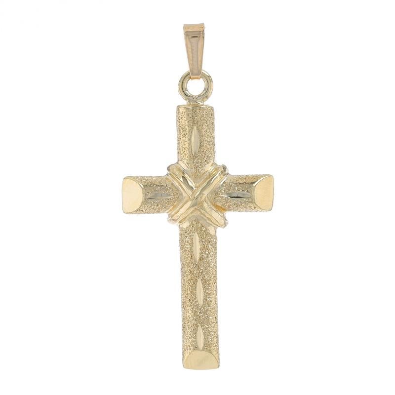 Metal Content: 14k Yellow Gold

Theme: Cross, Faith
Features: Smooth & Stardust-Textured Finishes with Etched Detailing

Measurements

Tall (from stationary bail): 1 1/4