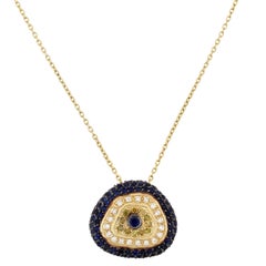 Yellow Gold Evil Eye Odd Shape Pendant Necklace with Diamonds and Sapphires