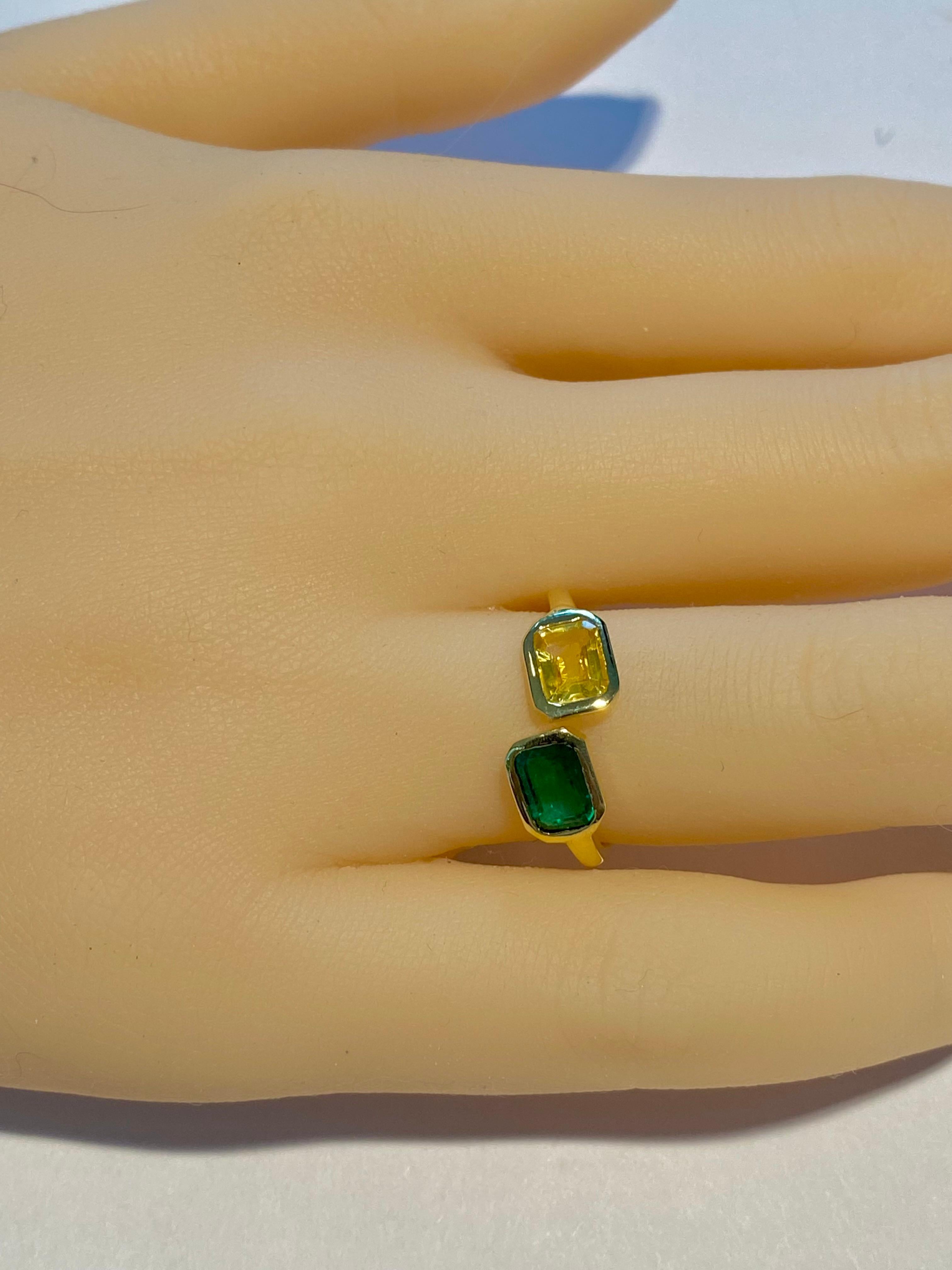 Emerald Cut Yellow Gold Facing Open Shank Cocktail Ring with Emerald and Yellow Sapphire