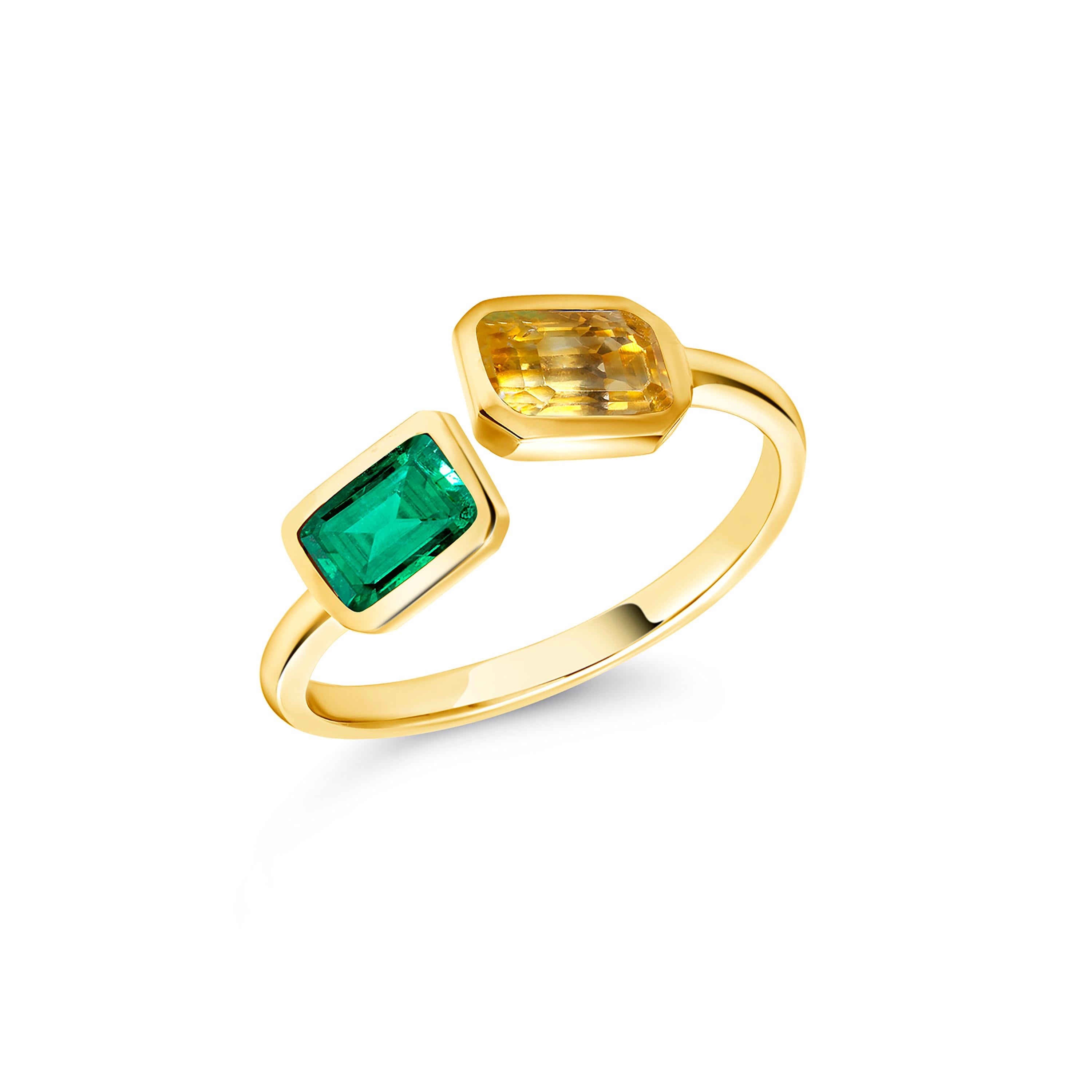 Contemporary Yellow Gold Facing Open Shank Cocktail Ring with Emerald and Yellow Sapphire