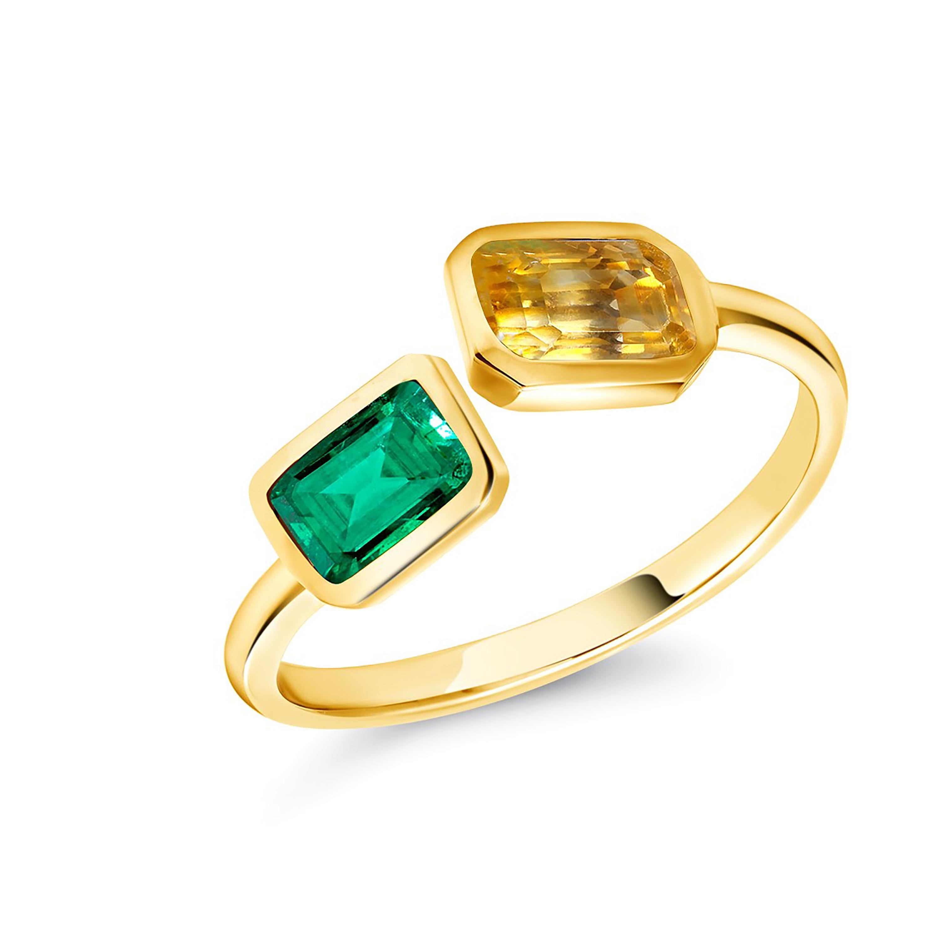 Yellow Gold Facing Open Shank Cocktail Ring with Emerald and Yellow Sapphire In New Condition In New York, NY