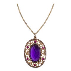 Yellow Gold Fancy Amethyst Necklace with Pink Sapphires & Champagne Diamonds
