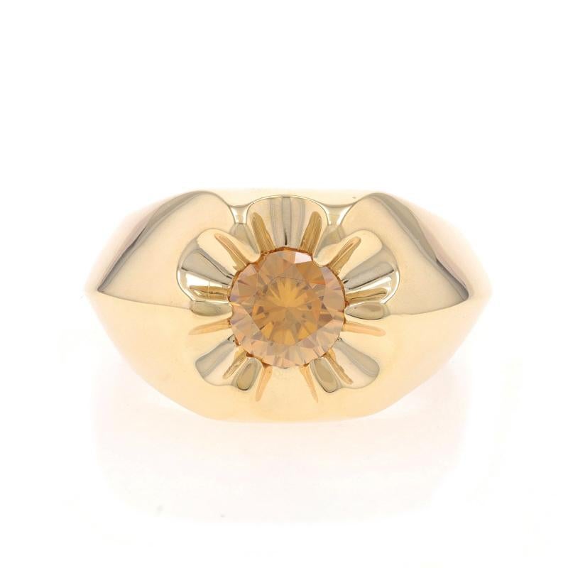 Size: 11 1/2
Sizing Fee: Up 1 1/2 sizes for $40 or Down 1 size for $40

Metal Content: 10k Yellow Gold

Stone Information
Moissanite
Carat(s): 1.30ct dew
Cut: Round Brilliant
Color: Fancy Brown
Clarity: VS1 - VS2

Total Carats: 1.30ct

Style: