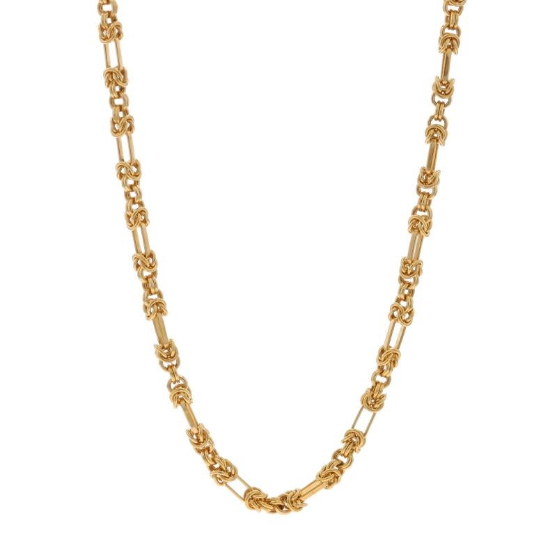 Metal Content: 14k Yellow Gold

Chain Style: Fancy Byzantine
Necklace Style: Chain
Fastening Type: Lobster Claw Clasp

Measurements

Length: 24