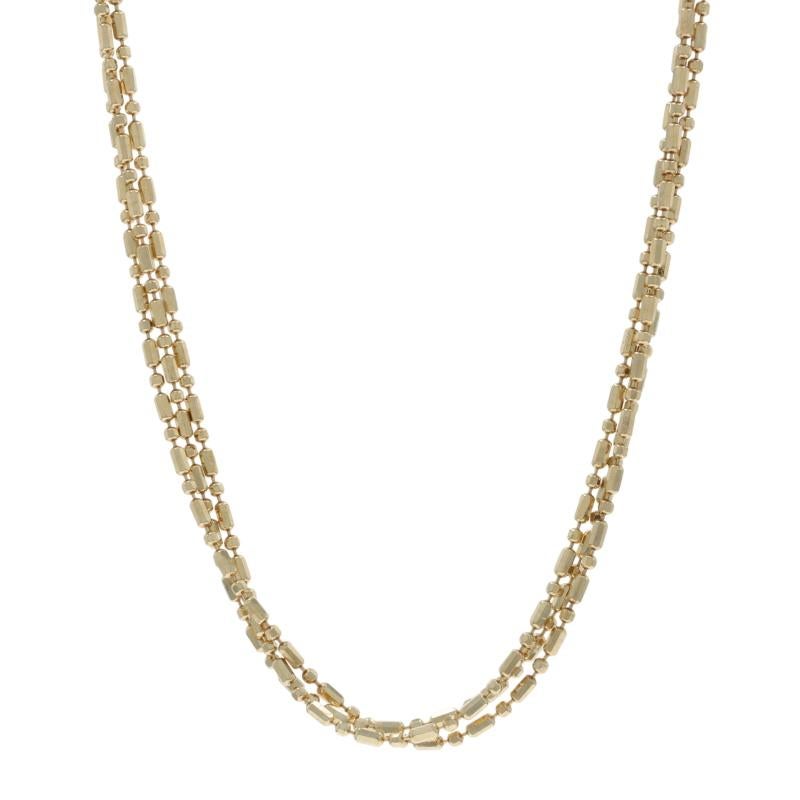 Metal Content: 14k Yellow Gold

Chain Style: Fancy Diamond Cut Bead
Necklace Style: Chain Triple Strand
Fastening Type: Lobster Claw Clasp

Measurements

Length: 18 1/4