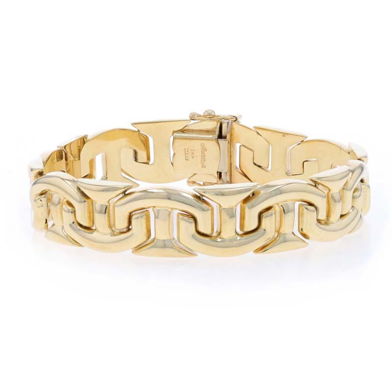 Brand: Aurafin

Metal Content: 14k Yellow Gold

Chain Style: Fancy Link
Bracelet Style: Chain
Fastening Type: Tab Box Clasp with Two Side Safety Clasps
Features: Hollow Construction

Measurements

Length: 6 3/4