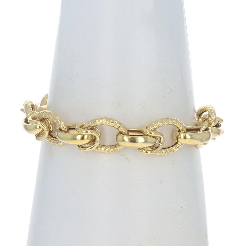 Metal Content: 14k Yellow Gold

Chain Style: Fancy Link
Bracelet Style: Chain
Fastening Type: Spring Ring Clasp
Features: Textured detailing & hollow construction for comfortable, all-day wear

Measurements

Length: 8