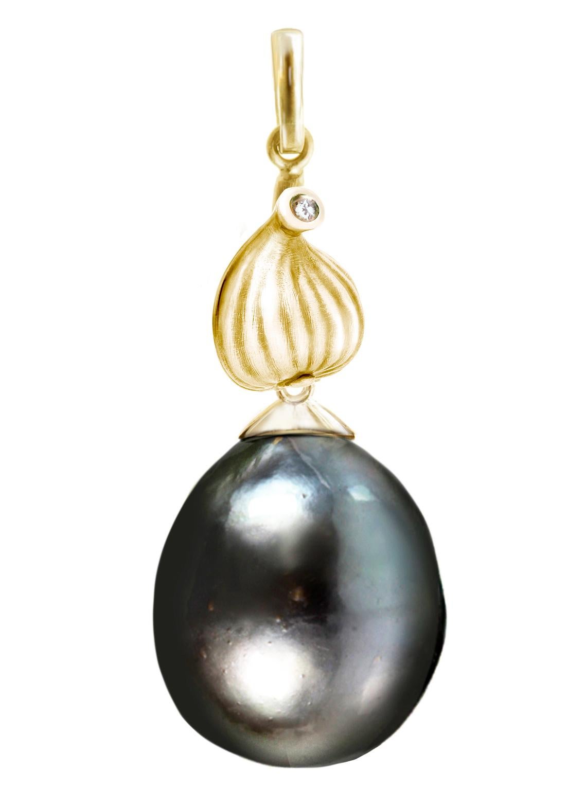 14 karat yellow gold Fig Fruits cocktail earrings with detachable 11 mm Tahitian cultured black pearls and two diamonds. These earrings by the artist were featured in Vogue UA review. We use top natural diamonds VS, F-G, we work with german gems